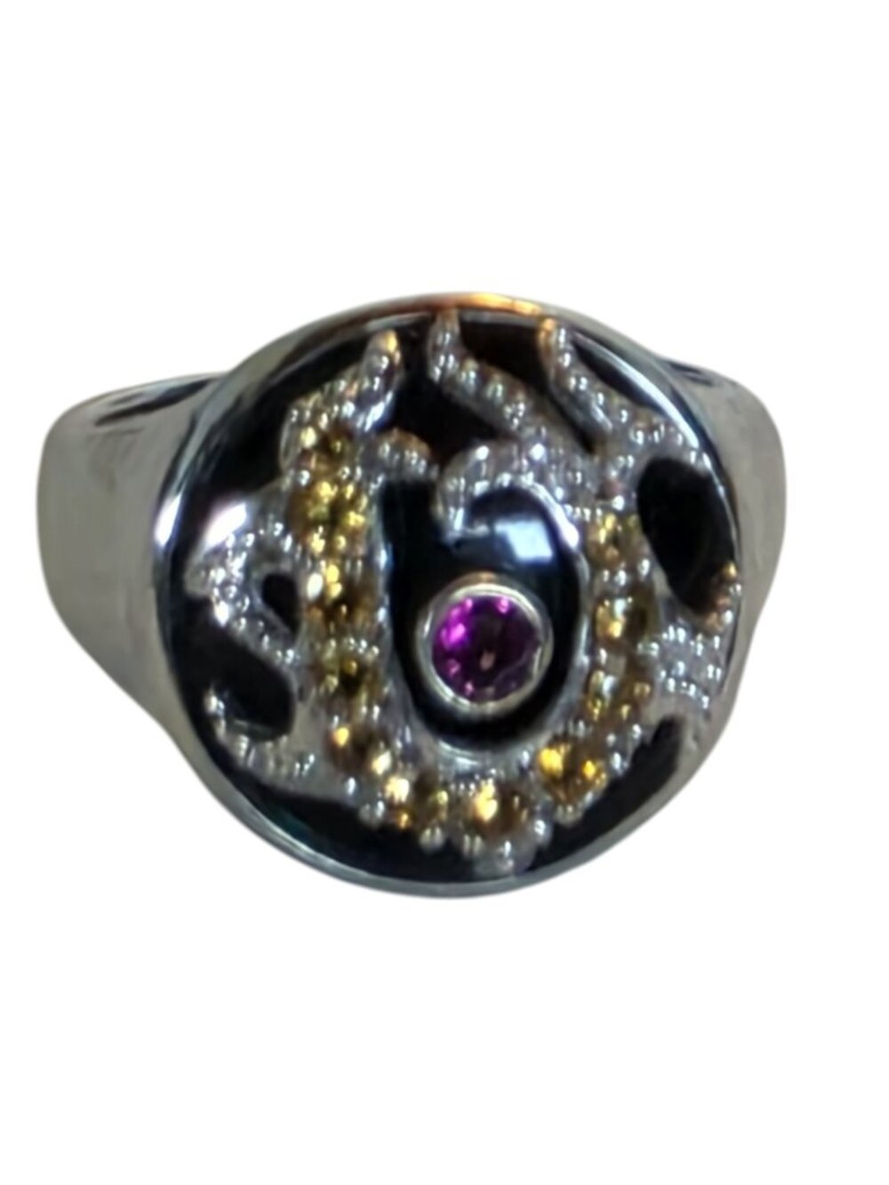 Vintage 925 Silver Black Onyx, Natural Citrine & Pink Topaz Statement Ring